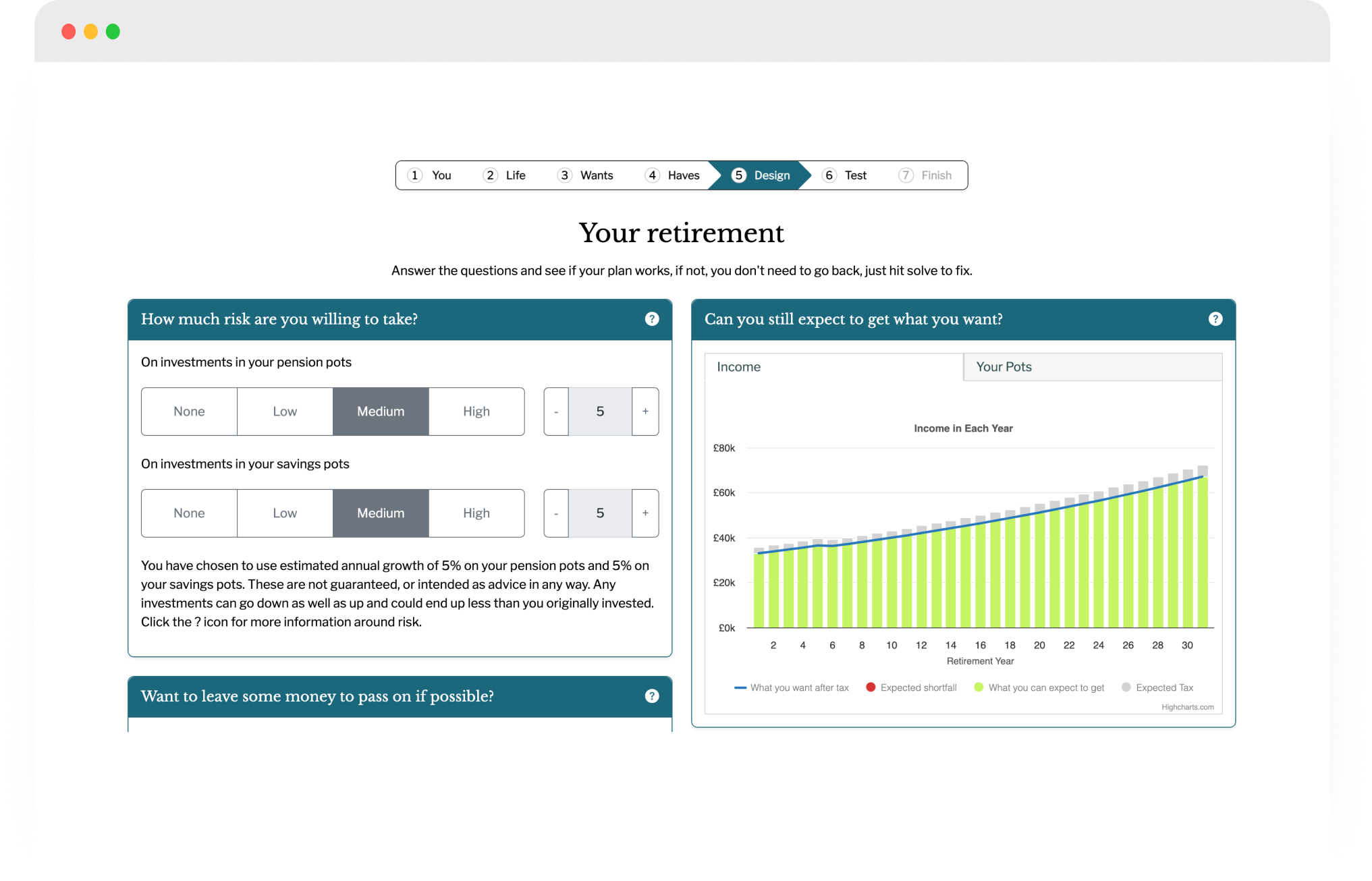 A screengrab of the Guiide tool, which shows a question asking how much risk you're willing to take. It also shows a line graph showing how your income could increase over your retirement.